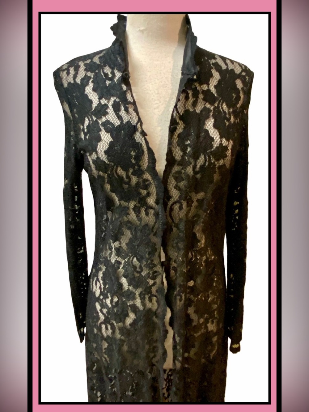 ASHLEE 2pc Black Stretch Lace Long Duster & Lined Pant Vintage Size M - Picture 2 of 11